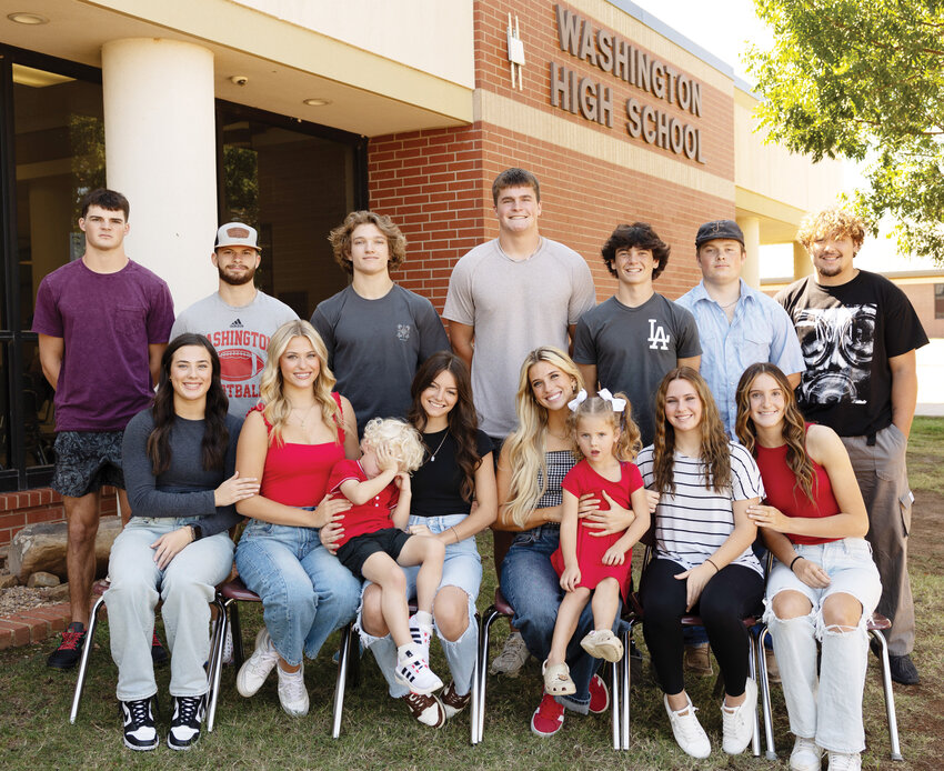 The Washington Warrior Homecoming court for 2024 includes, front row, from left, Aubri Clary, Scarlett Tontz, Delia Snow, Olivia Palumbo, Jayden Taylor and Claire Cannon. Back row - Mason Singletary, Hudson Howard, Tanner Olson, Nate Roberts, Tatum Wilk, Carson Elliott and Kane Lampkin. The crown bearer will be Rocky Beller and the flower girl will be Millie Murray.