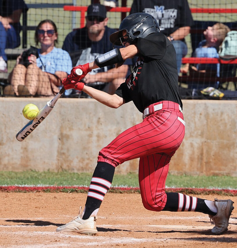 Purcell senior Hadleigh Harp connects for a base hit during the Dragons’ 14-2 Regional tournament win over Marlow. Harp was 1-2 and had a walk in the game.