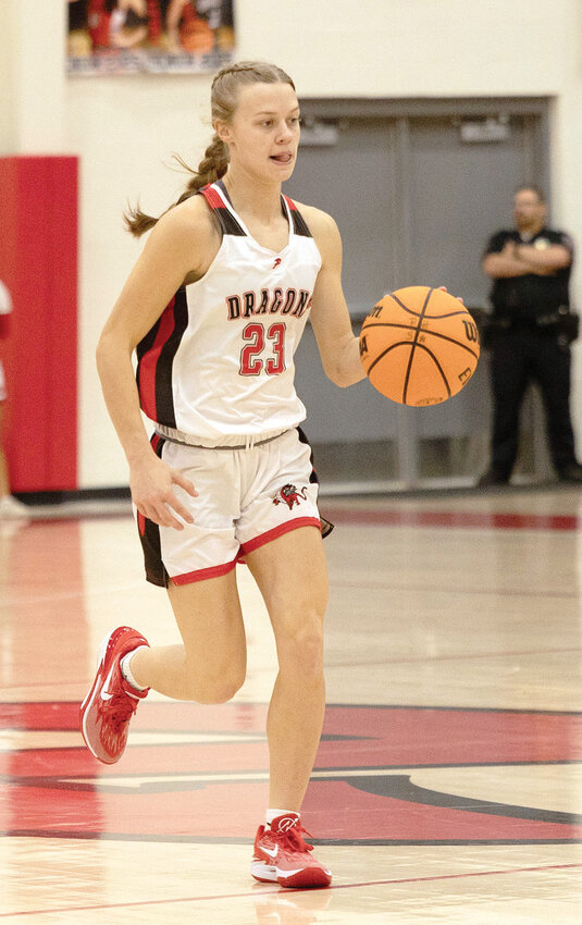 Purcell senior Hadleigh Harp pushes the ball up the court for the Dragons. Harp and Co. pick back up December 26 with the prestigious Bertha Frank Teague Mid-America Classic at East Central University where they play Dale.