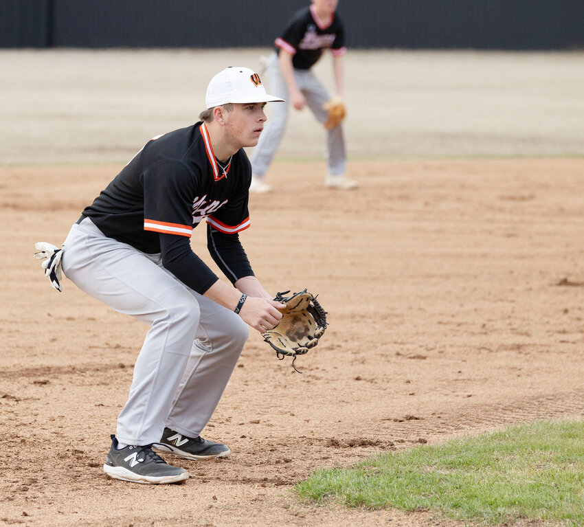 Wayne senior Jaxon Dill is ready to field the ball for the Bulldogs. Wayne picked up a 7-1 win over Stratford on Monday with Dill on the mound racking up 13 strikeouts. The Bulldogs are co-hosting the I-35 Classic tournament with Wynnewood starting today (Thursday) through Saturday.