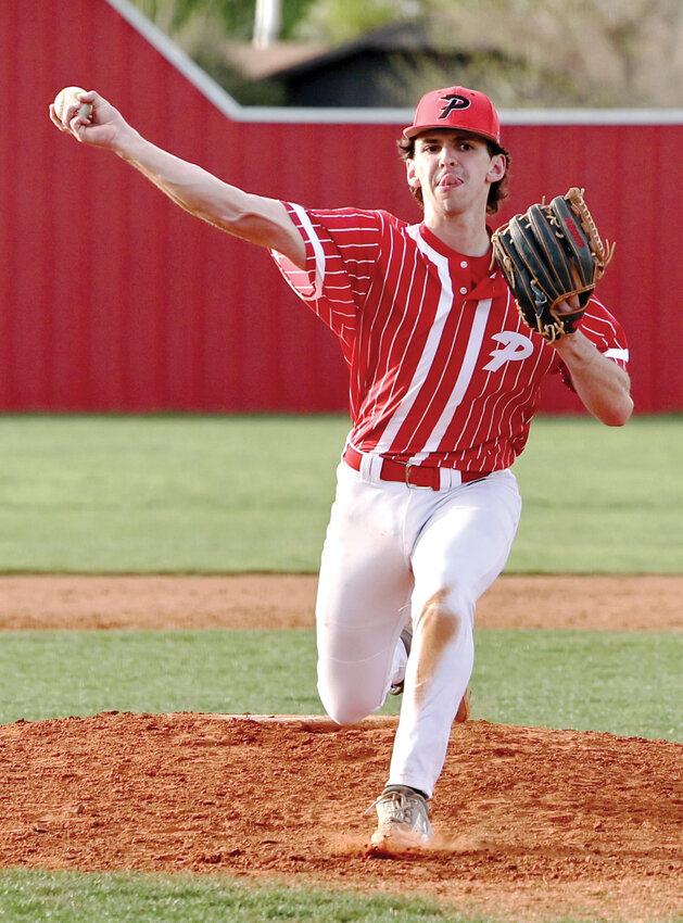 Purcell senior Parker Page goes home with the pitch for the Dragons. Purcell&rsquo;s Heart of Oklahoma Baseball Tournament runs April 10-12.