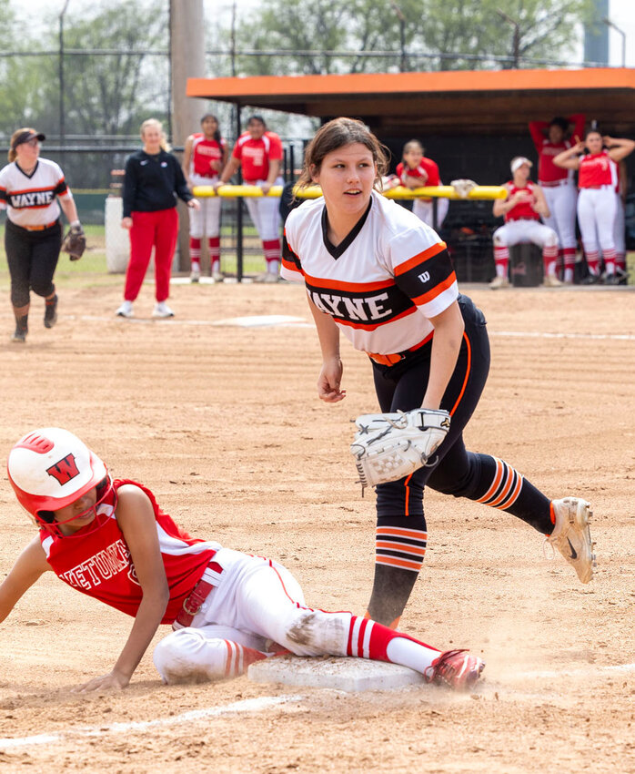 Addison Clagg mans third base for the Wayne Lady Bulldogs. Head coach Nikki Herrin sung her praises for stepping up as their go-to third baseman, despite limited experience before the season.