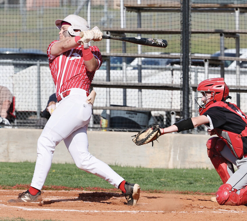 Purcell junior Casey Billingsley hits a two-RBI double during the Dragons&rsquo; 13-1 win over Pauls Valley. Purcell is 16-11 this season.