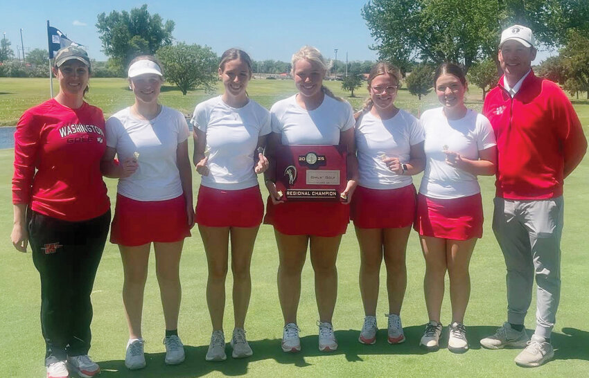 The Washington girls golf team qualified for the State golf tournament after winning the Regional tournament. Pictured, from left, are coach Gena Flick, Anna Pogue, Neali Beller, Addy Larman, Arlie Wilson, Taylon Elliott and coach TJ Scholz. Larman finished first individually and Beller finished second.