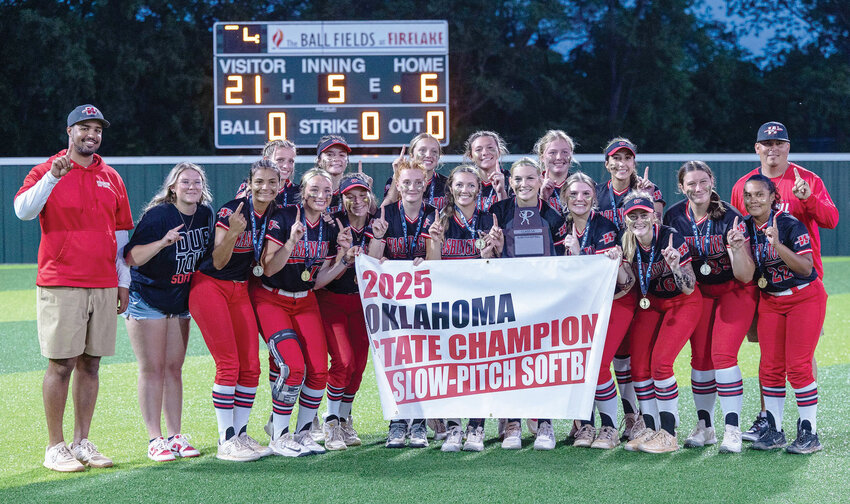 The Washington Warrior softball team defeated North Rock Creek 21-6 to cap a State tournament run and to claim the Class 5A State championship. Pictured, from front left, are assistant coach Xavier Freeman, Tatum Hyde, Ava Salcedo, Emersyn Massey, Dorothy Shepard, Giorgia Franceschelli, Kelby Beller, Shelbie Caveness, Presley Lucas, Reese Schrader, Julie Hoehner and Isaeliz Reyes-Perez. On the back row, from left, are Mika Winters, Ani Jackson, Briley Beller, Ellie Wells, Abby Byrd, Raelee Adkins and head coach Tylor Lampkin. See full story on page 2B.