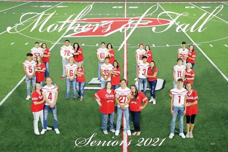 Purcell Dragon seniors and their mothers at Conger Field. Front row, from left, Kyle Hogan and Jamie, Dayton Smith and Melissa and Terri, Mojo Browning and Nicole. Second row - Cale Walker and Cinnamon, Kody Kroth and Brandi, Sam Wofford and Julie, Gammy Solis and Ana, Jakeb Pollard and Kandi. Back row - Johnny Marquez and Elda, Jaysen Shea and Cassy, Gage Askew and Heather, Tyler Williams and Alicia and Gavin Constant and Sarah.