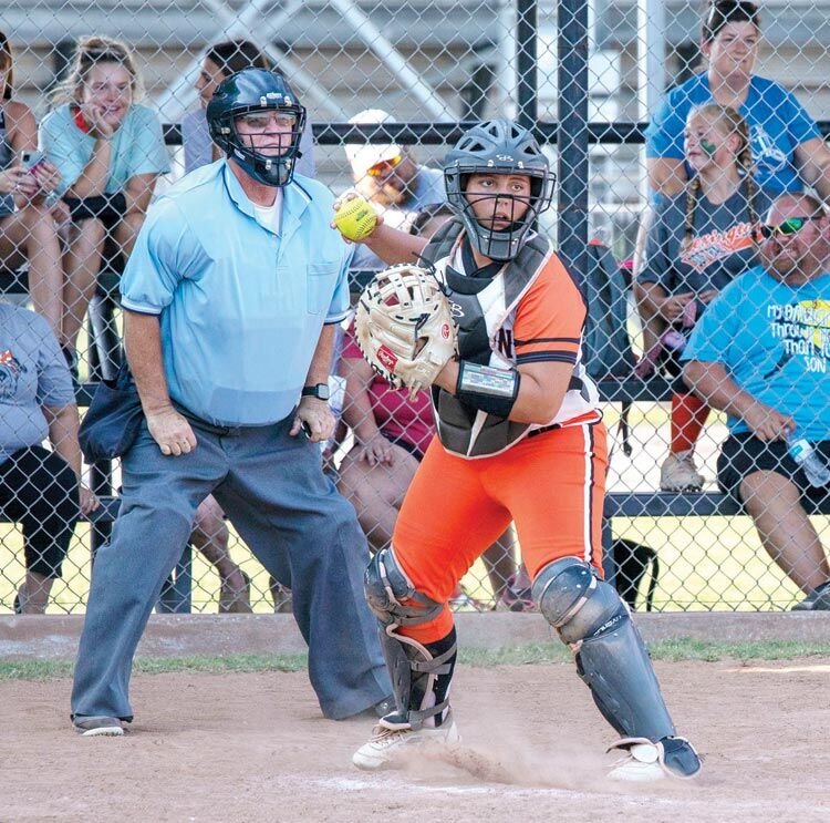 Maddy Pack makes sure base runners don’t get any ideas. The senior has been a rock for the Bulldogs this season. Lexington hosts Little Axe Monday.