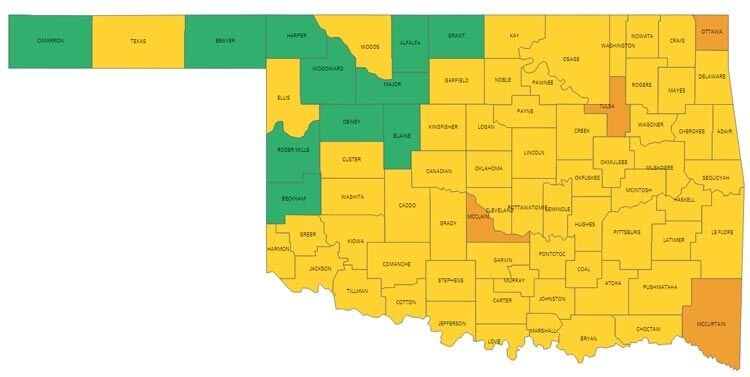 This Oklahoma State Department of Health COVID-19 map color codes the virus alert status for each county. Green indicates “new normal” risk or fewer than 1.43 new cases daily per 100,000 population. Yellow is low risk – between 1.43 and 14.39 daily new cases per 100,000 population. McClain is one of four orange counties, showing moderate risk with more than 14.39 daily new cases per 100,000 population. The best news for the state is there are no red (high risk) counties at this time.
