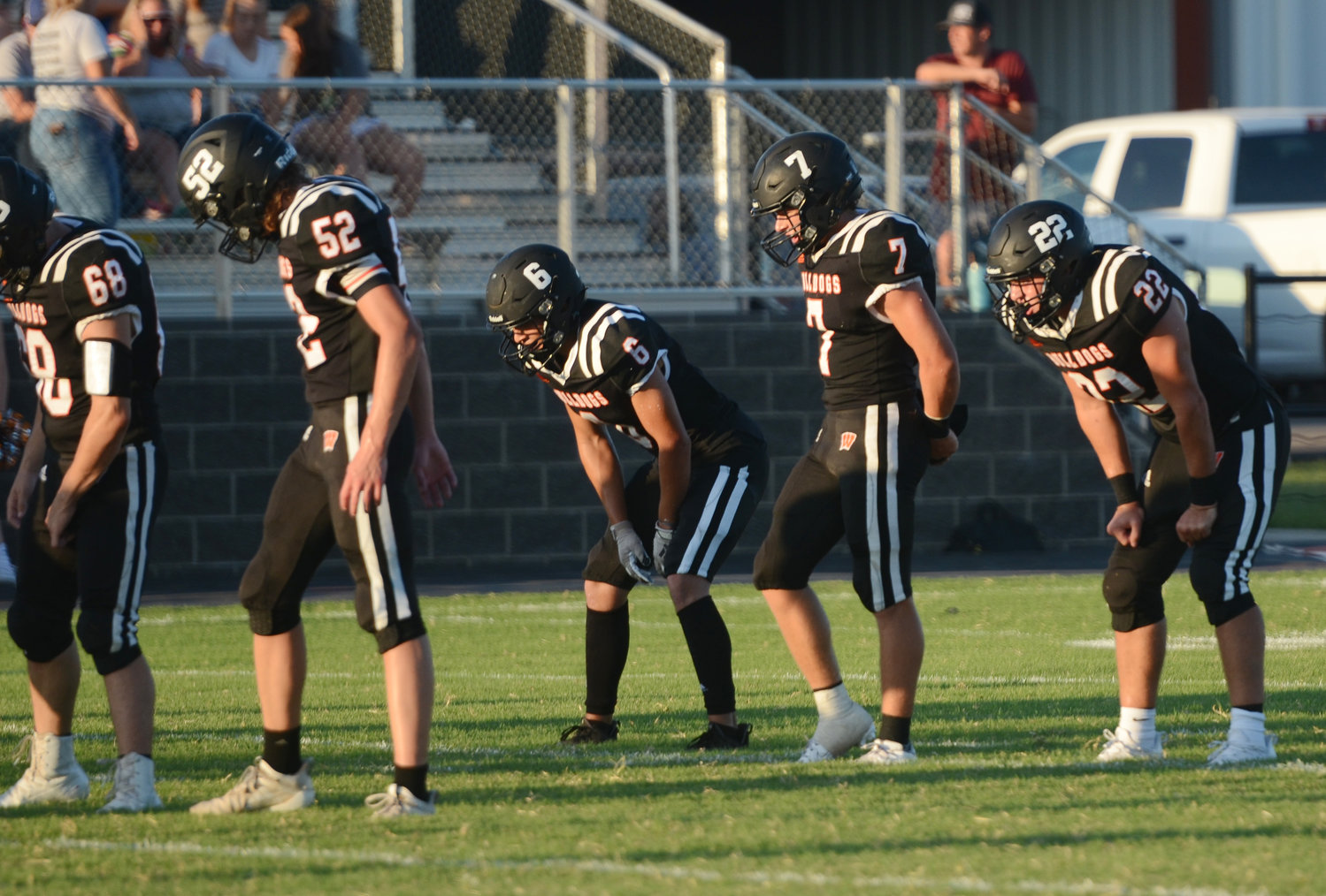 The Wayne offense racked up 473 yards rushing and seven touchdowns Friday night thanks in part to the play of linemen Maddox Mantooth (68) and Kevin Bynum (52), as well as backs Jairo Hernandez (6), Ethan Mullins (7) and Brannon Lewelling (22). The Bulldogs defeated Walters 48-16. They travel to Lexington Friday for a 7:30 p.m. kick.