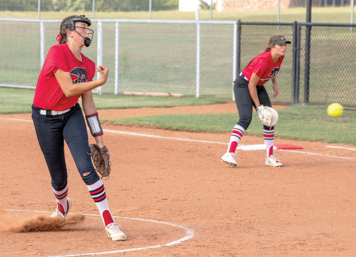 Purcell freshman Ella Resendiz sends a ball home during Purcell’s 6-5 win over Chandler. Resendiz struck out two batters in the win.