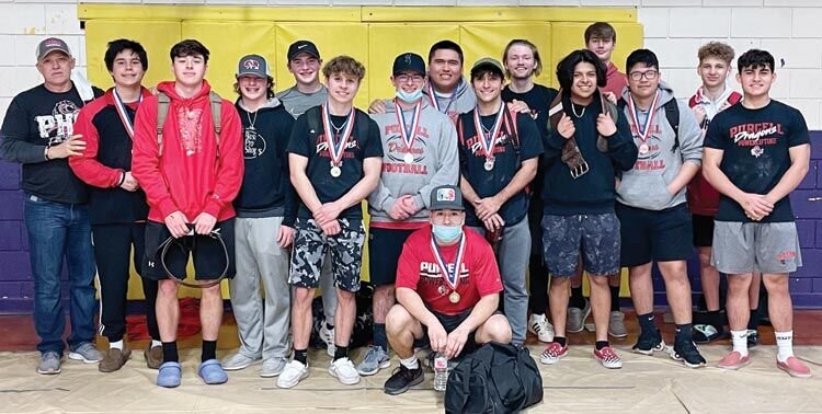 Purcell lifted its way to State Runner-up position in the Oklahoma Football Coaches Association’s Powerlifting competition Saturday at El Reno. Back row, from left, coach Tracy Scott, Zicorrie Davis, Titus Mason, Luke Edelman, Adam Edelman, Tyler Williams, Gage Askew, Jaysen Shea, Sam Wofford, Kyle Hogan, Jerry Rojo, Payson Purcell, Juan Aguinaga, Ty Jasperson and Rowan Ardery. Kneeling is Johnny Marquez. Not pictured coach Kurt Gray.