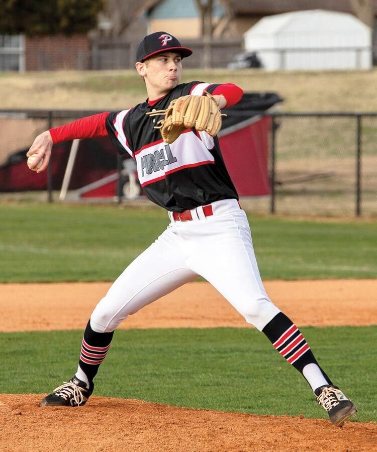 Purcell pitcher Zach Idlett brings the heat against Dibble last Thursday when in his first varsity start tossed a no-hitter in a 10-0 Dragon shutout victory.