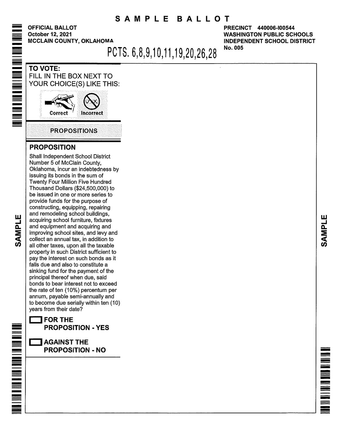 Washington Schools Bond Proposition sample ballot