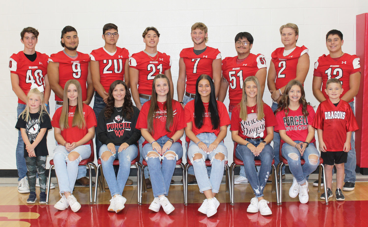 Purcell High School’s homecoming court members are, front row from left, Maebry Simmons, Gracie Pruitt, Jaiden Avila, Alexis Brock, Grace Smith, Hailey Dempsey, Emma Lynn and Trigg Anderson. In the back row from left are Xander Springael, Brodrick Smith, Quentin Goforth, Titus Mason,Creed Smith,Mateo Ramirez,Hayden Harp and Zicorrie Davis. The Dragons will play Christian Heritage Academy Crusaders on Friday.