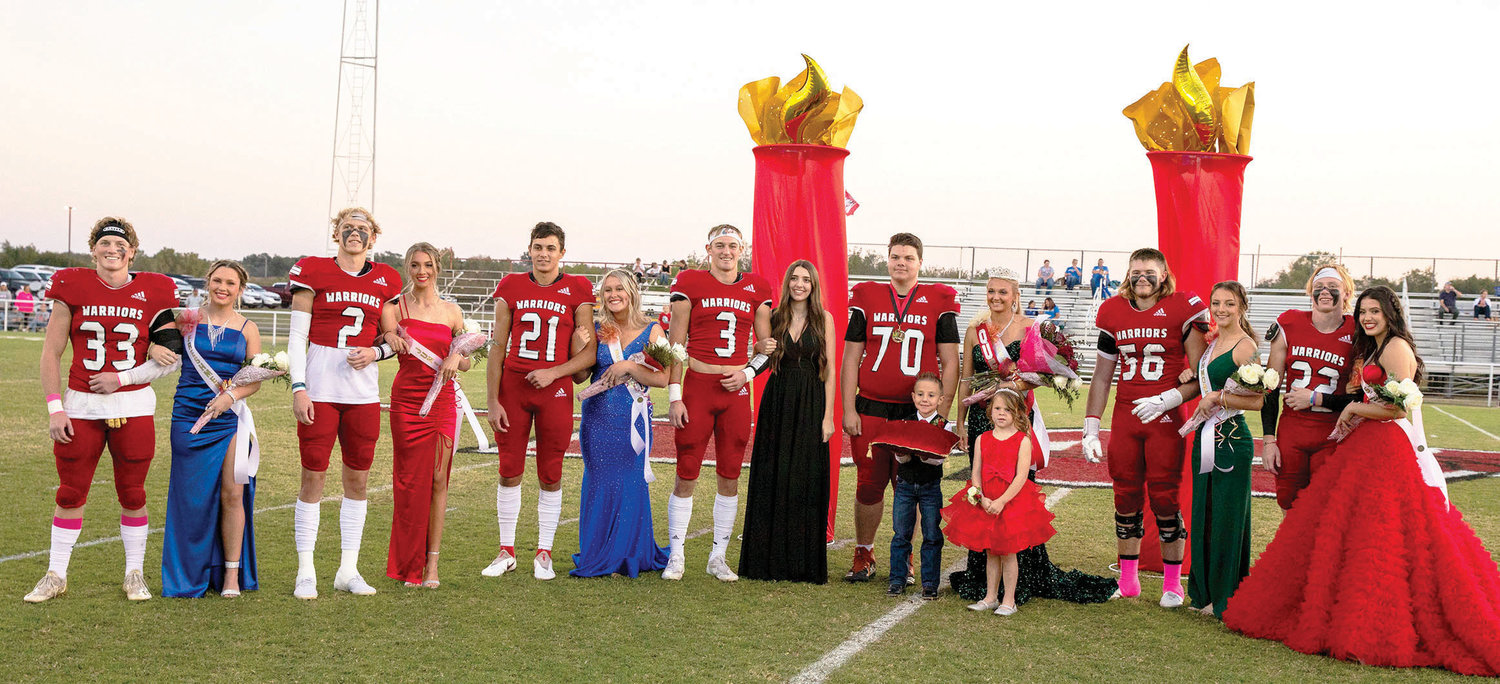 The Washington homecoming court included, from left, Layne Spaulding, Jaydon Taylor, Luke Hendrix, Brinley Lang, Lane Steele, Becca Madden, Kobe Scott, Peyton Prock, King Dom Jackson, Queen Mattie Richardson, Rope Scott, Lexi Ralls, Reese Stephens and Gracie Cantrell. The crown bearer was Sawyer Scott and the flower girl was Ripkyn Lampkin.