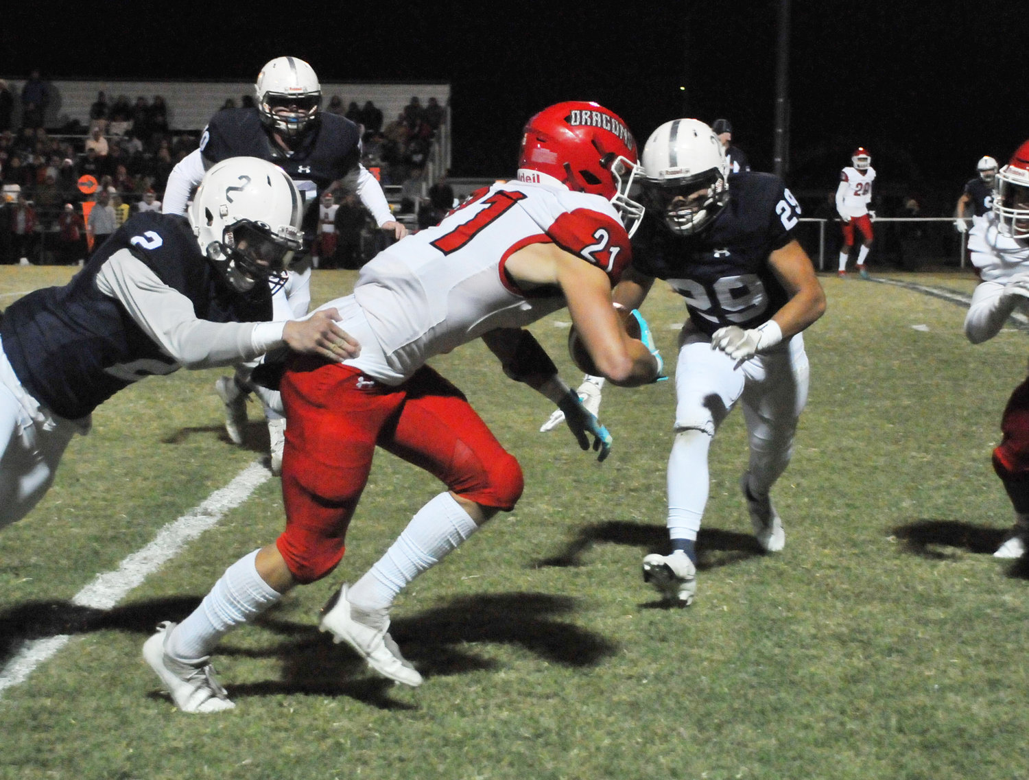 Purcell senior Titus Mason fights for yardage against Marlow. Purcell’s season ended after a 63-20 defeat by the Outlaws.