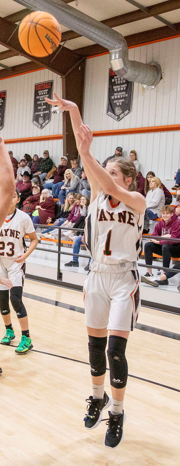 Wayne sophomore Haylee Durrence takes a shot over a defender. The Lady Bulldogs were back in action Monday night with a 59-36 victory over ECP. Durrence had 13 points in the win.