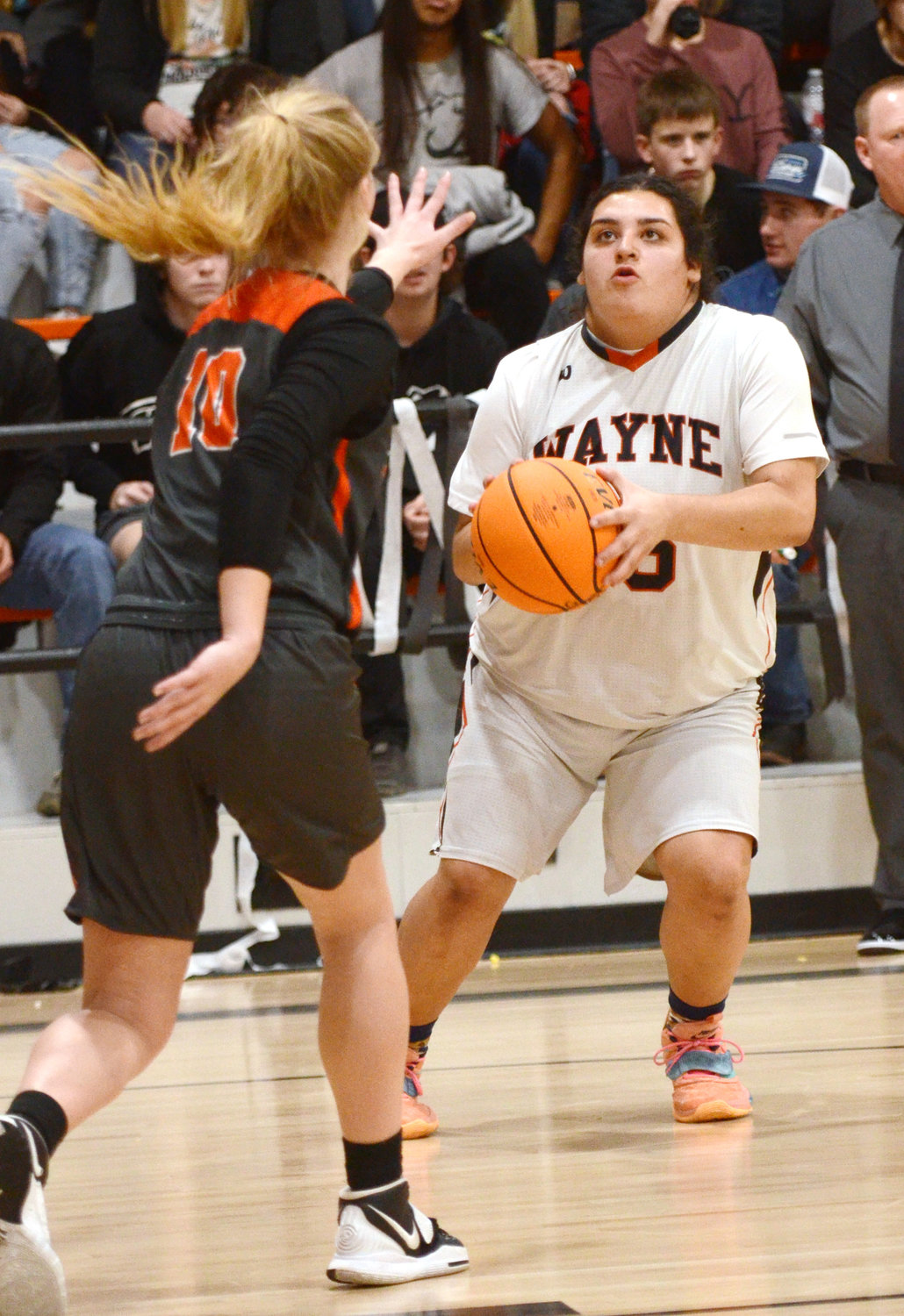 Wayne senior Mayce Trejo considers taking a shot against Konawa Friday night. The Bulldogs defeated the Tigers 52-41. Trejo scored four points in the win.