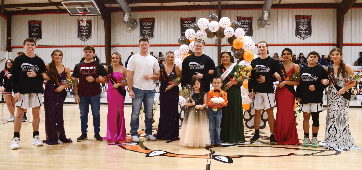 The Wayne Bulldog homecoming court included Kaleb Madden, Haylee Durrence, Andy Solis, McKenzie Fisher, Brannon Lewelling, Haiden Parker, king Andy Lee, queen Mayce Trejo, Ethan Mullins, Lorensa Martinez, Junior Perez and Kaylee Madden. The flower girl was Hayslee Smith and the crown bearer was Legend Adkins.