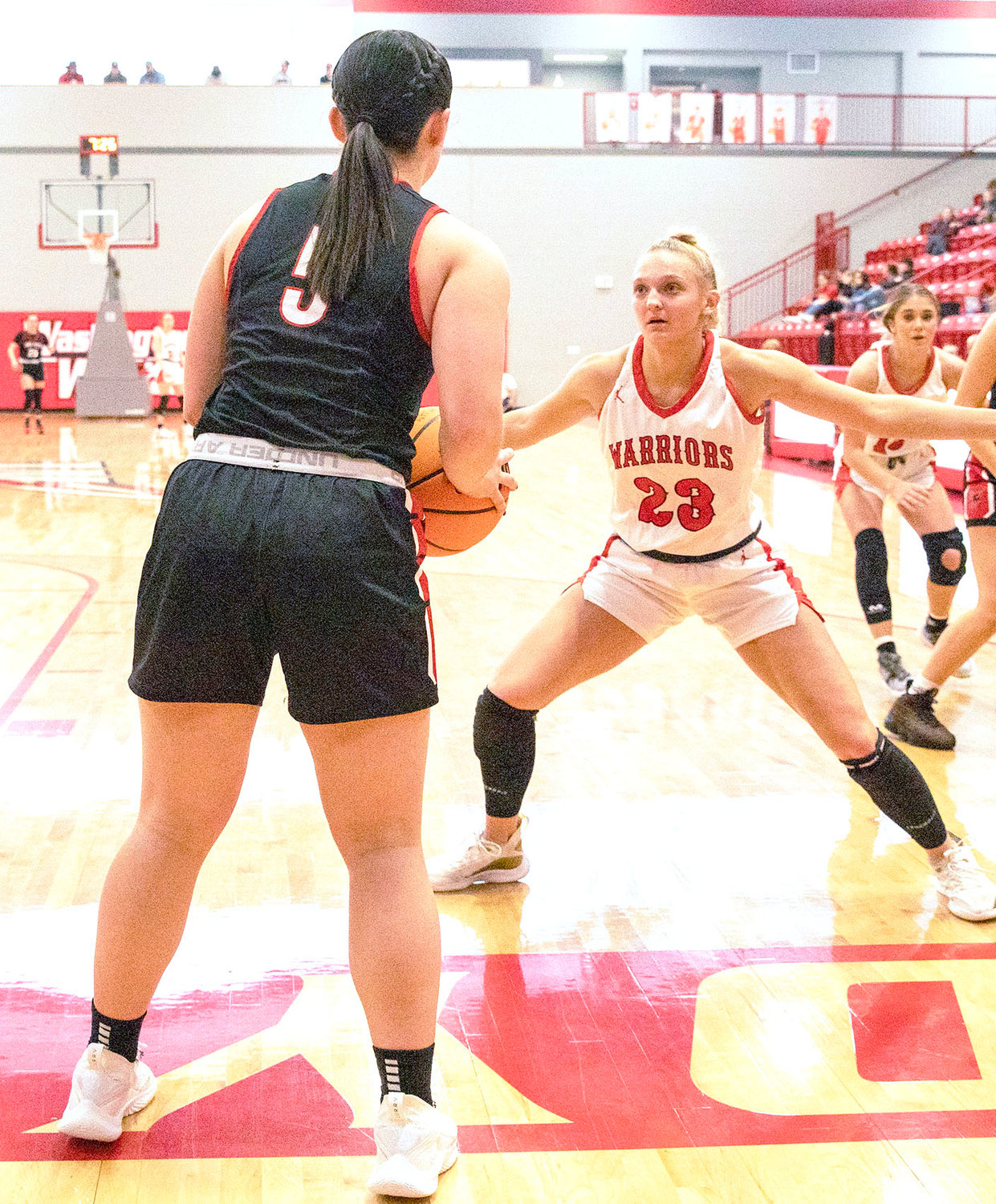 Washington senior Mattie Richardson guards the inbounds play during the Warriors’ 51-32 win over Pauls Valley. Richardson scored a team-high 16 points.
