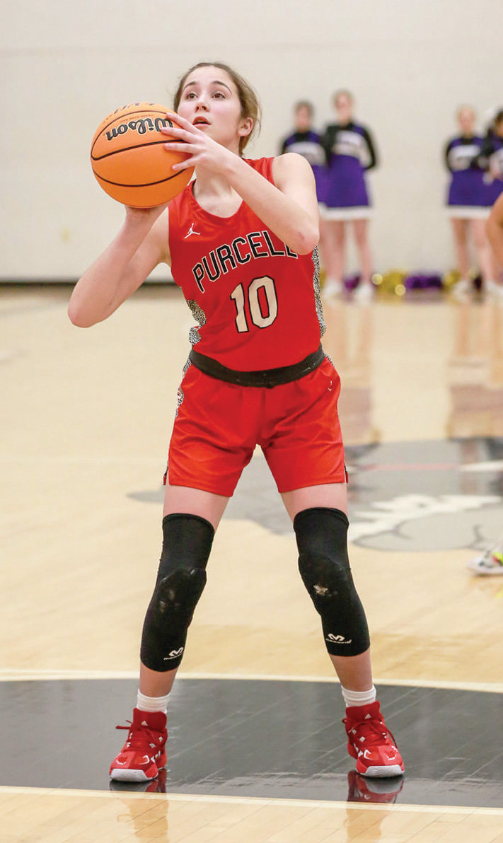 Purcell freshman Haven Buchanan shoots a ball from the charity stripe during the Dragons’ 68-65 overtime win against CCS in the Regional tournament.