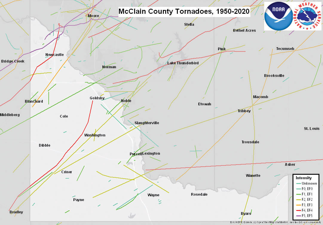 Tornadoes aren’t unknown in McClain County and take many tracks across the county, as this graphic illustrates. The National Weather service changed the Fujita Scale (F) to the Enhanced Fujita Scale (EF) Feb. 1, 2007.