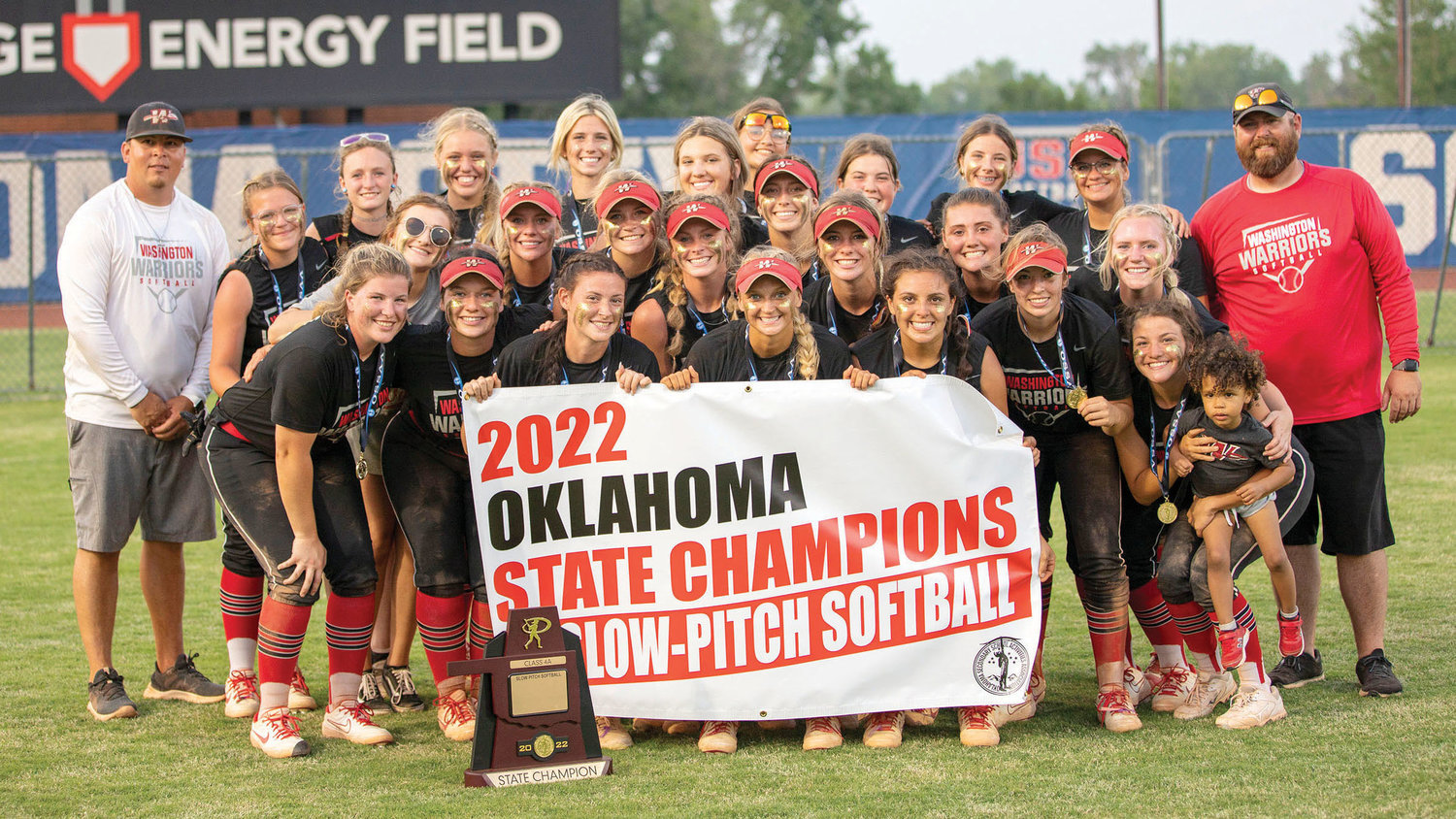 The Washington Warriors won the State championship at ASA Hall of Fame Stadium Monday after they defeated Dale 17-7. Pictured are, from front left, Maggie Place, Elly Allison, McKenzie Bost, Mattie Richardson, Isa Portillo, Abby Wood and Daisy Lampkin. In the middle row are, from left, Hudson Dode, Bailey Hyde, Skylar Wells, Ellie Loveless, Halle Andrews, Tinley Lucas, Emjay Lucas and Haven Brewer. On the back row are, from left, coach Tylor Lampkin, Arlie Wilson, Elyssa Dorsett, Addy Larman, Olivia Palumbo, Alexis Gay, Sage Ryan, Taylon Elliott, Ava Grimes, Mikala West and coach Shane Labeth. The Warriors finished with a 40-2 record this season.