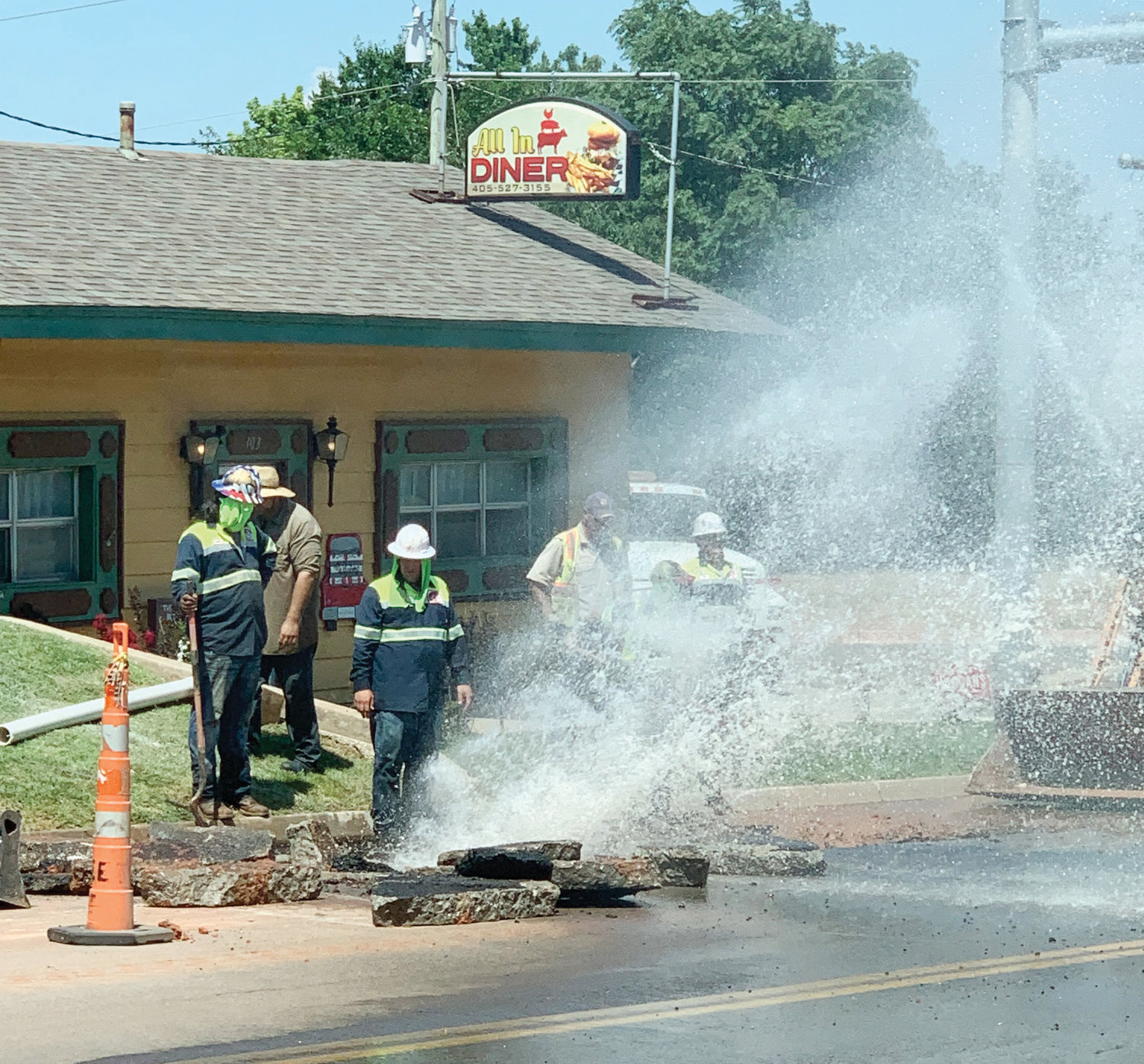 City of Purcell crews worked Thursday to repair a water main break along Washington Street. Heat was to blame for expanding pavement, which ruptured the line.