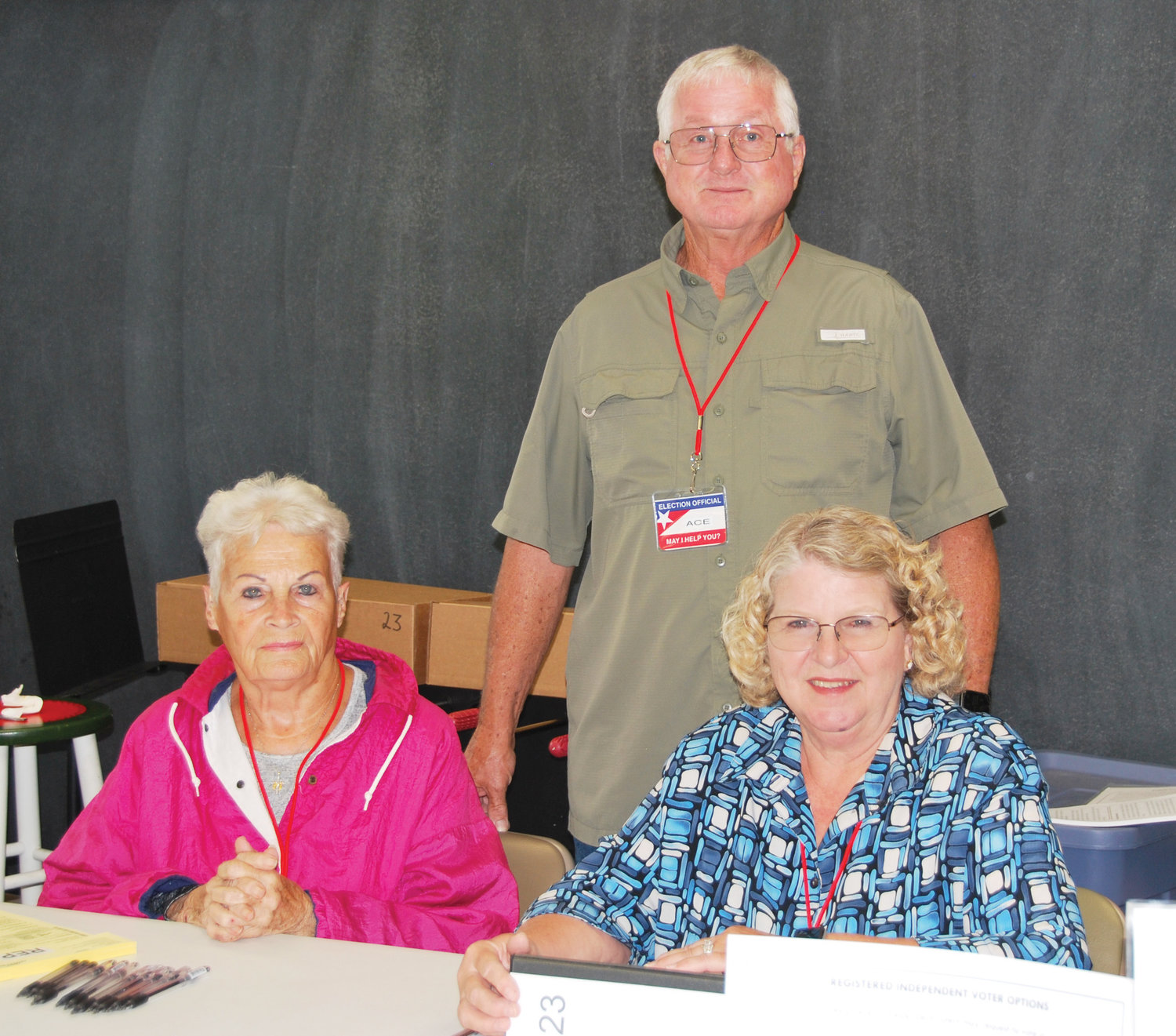 Election officials at the Emmanuel Baptist Church precinct during Tuesday’s primary election were inspector Ace Dennis, judge Judy Dennis and clerk Nell Hill.
