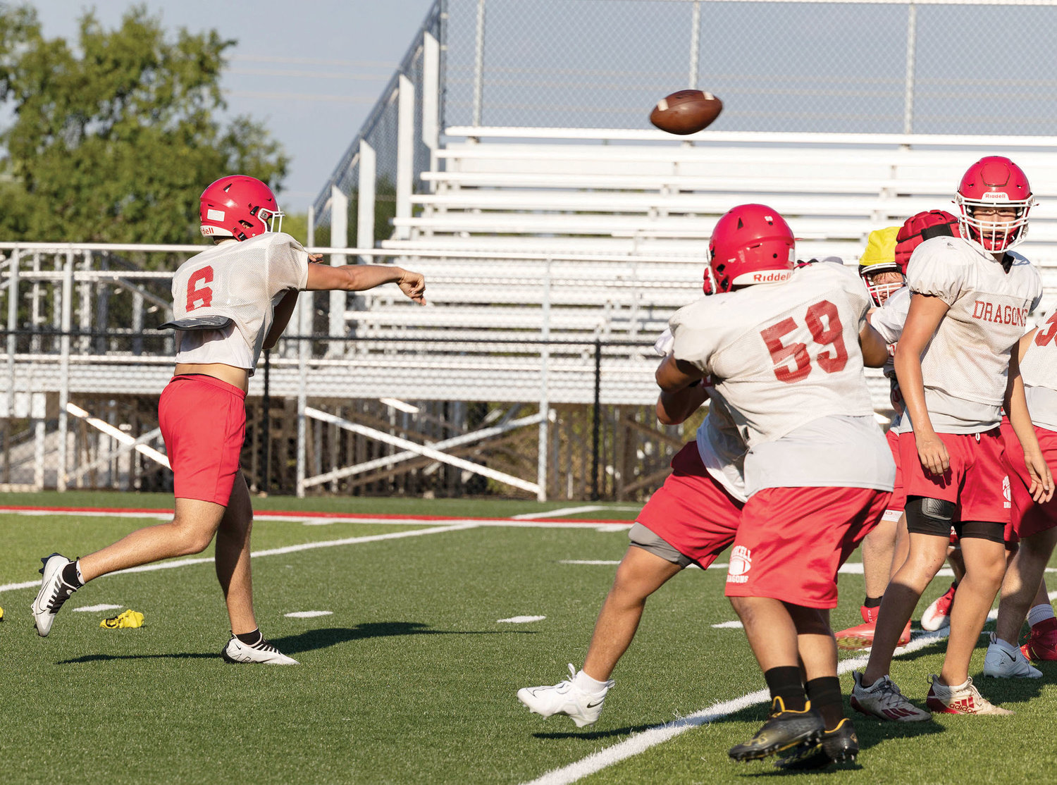 Purcell quarterback Brody Galyean throws a pass during the Dragons’ Red-White scrimmage Saturday.