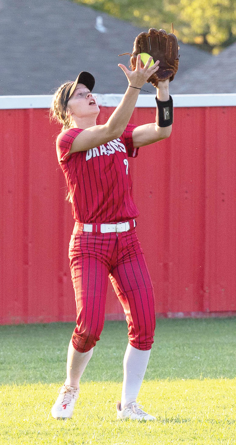 Purcell sophomore Hadleigh Harp makes a catch in the outfield for an out for the Dragons. Purcell defeated Bethel 8-0 Monday in a key District showdown.
