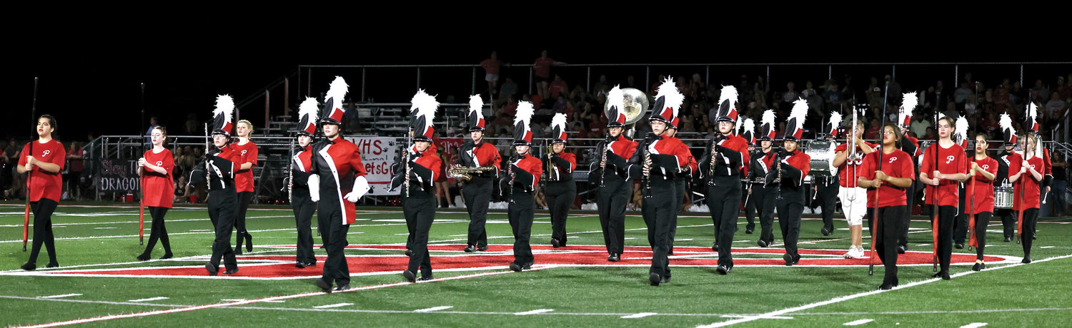 The Purcell Pride Marching Band performs their show, “Year of the Dragon”, at halftime of the Purcell-Pauls Valley game last Friday night at Conger Field.
