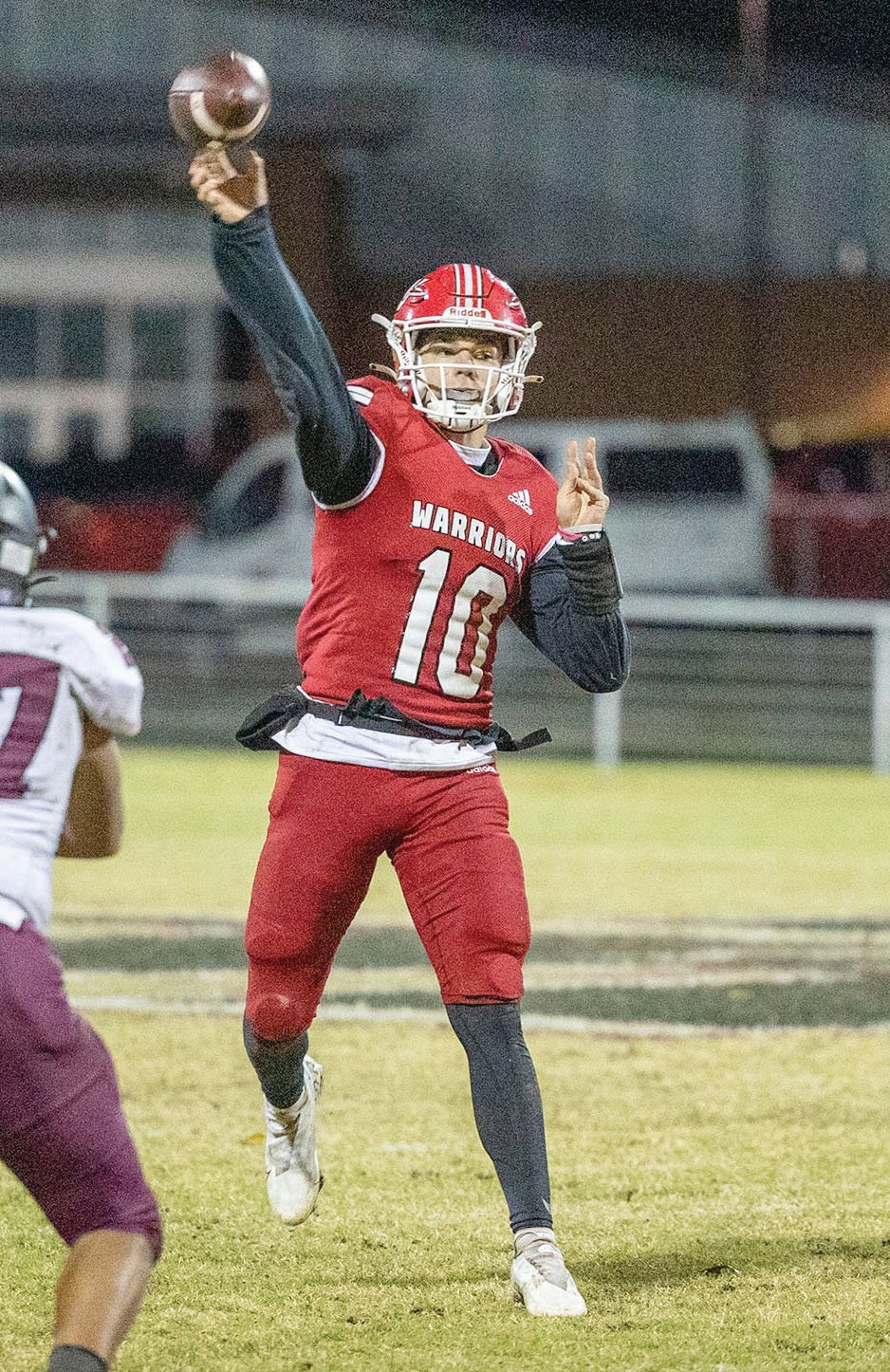 Washington junior Major Cantrell fires off a pass during the Warriors’ 54-7 opening round playoff win over Atoka. Cantrell threw five touchdown passes in the game. Washington hosts Oklahoma Christian School Friday.
