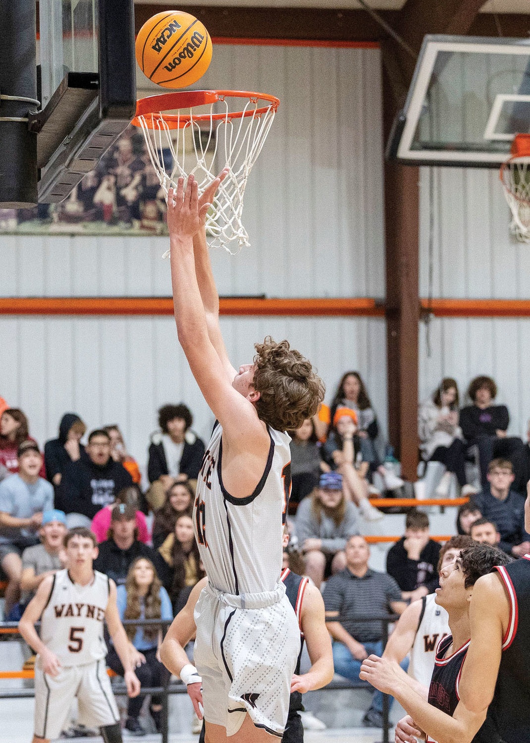 Wyatt Webster goes up strong to the basket in Wayne’s 70-36 loss to Stratford last Friday.