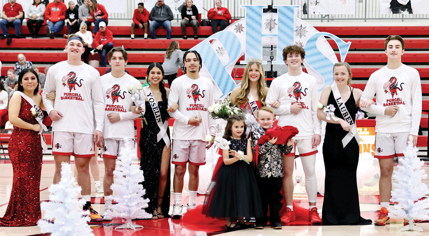 The Purcell homecoming court included, from left, Genesis Canales, Hayden Ice, Hayden Renfro, Yoselin Estrada, Malachi Evans, Queen KK Eck, King Lincoln Eubank, Lauren Holmes and Brody Galyean. The flower girl was Layla Smith and the crown bearer was Beau Cunnius.