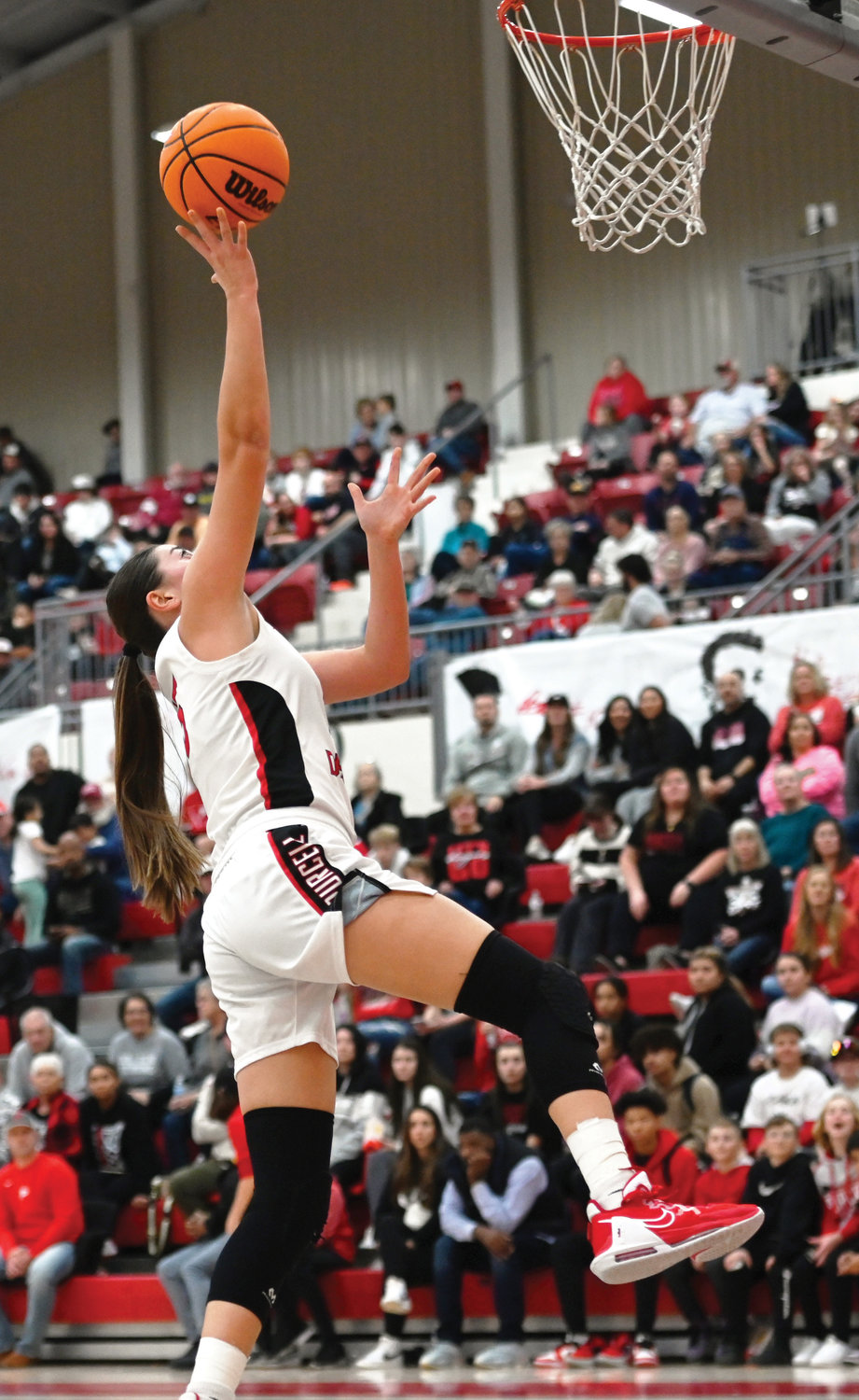 Purcell sophomore Ella Resendiz skies for a layup during the Dragons’ 43-31 win over Davis Friday night. Resendiz scored six points.