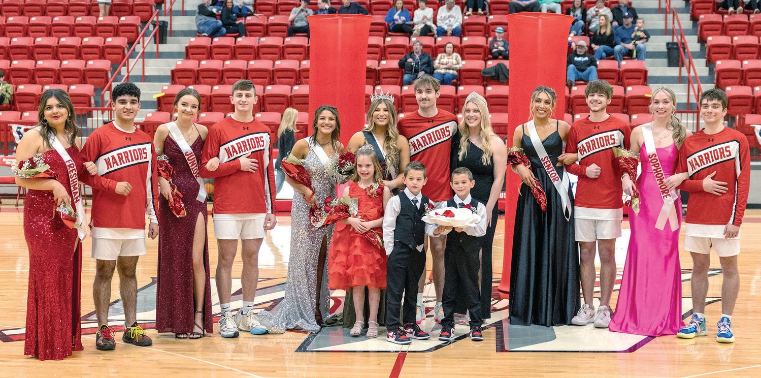 The Washington Warrior homecoming court included, from left, Haylee Henderson, Danny Chavia, Brinley Thomas, Hayden Hicks, Daisy Lampkin, Queen Kyndall Wells, Drew McCalip, 2022 queen Kaytin McKay, Kelby Hodges, Sam Hedenberg, Breanna Lindert and Jaden Cornelius. Krozlie Simon was the flower girl and Jett and Curry Tims were the crown bearers. Not pictured was Cash Andrews.