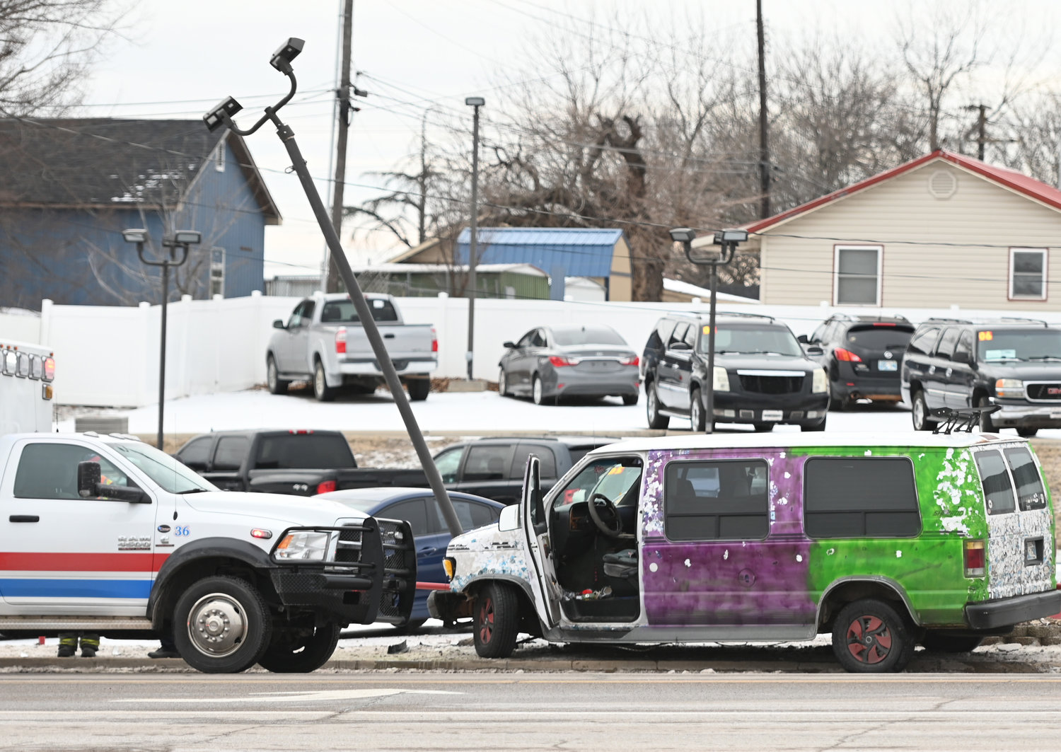 Mother Nature unloaded a layer of ice on Central Oklahoma Monday and Tuesday, resulting in less-than-ideal driving conditions for motorists. This van struck a light pole Tuesday afternoon at S&S Motors.