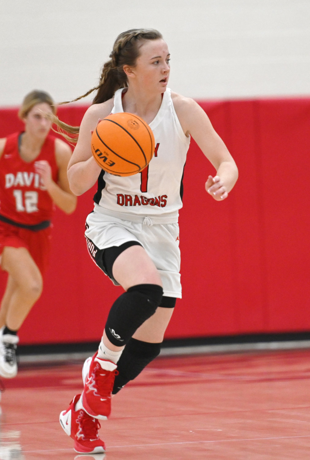 Purcell senior Lauren Holmes runs out on a fast break during the Dragons’ 43-31 win over Davis. Purcell hosts Lexington Friday at 6:30 p.m.