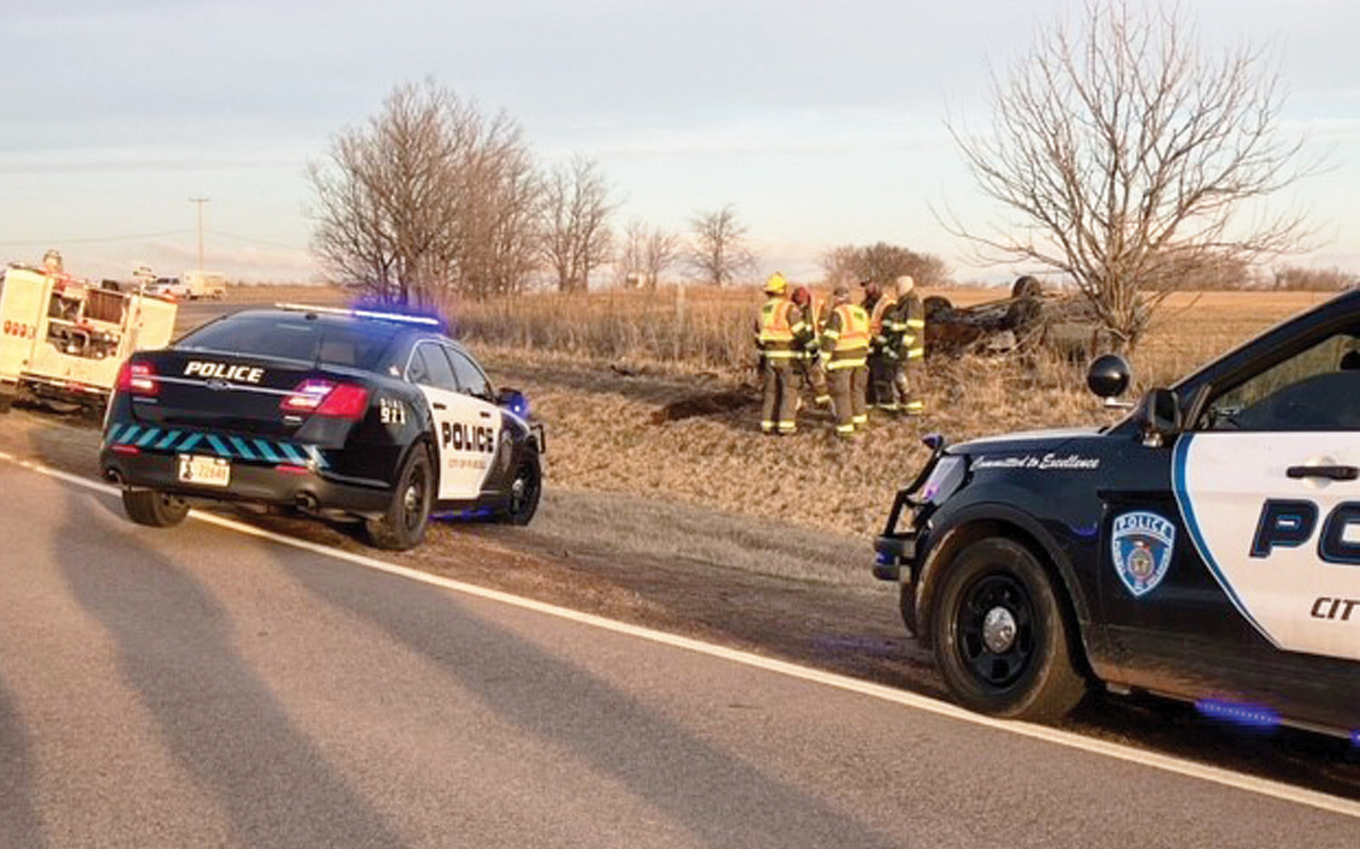 Purcell Police officer John Idlett was about to call off pursuit of this vehicle when it attempted to exit I-35 at the Ladd Road exit at a very high rate of speed. The vehicle crossed over the roadway and flipped into the pasture landing on its top.