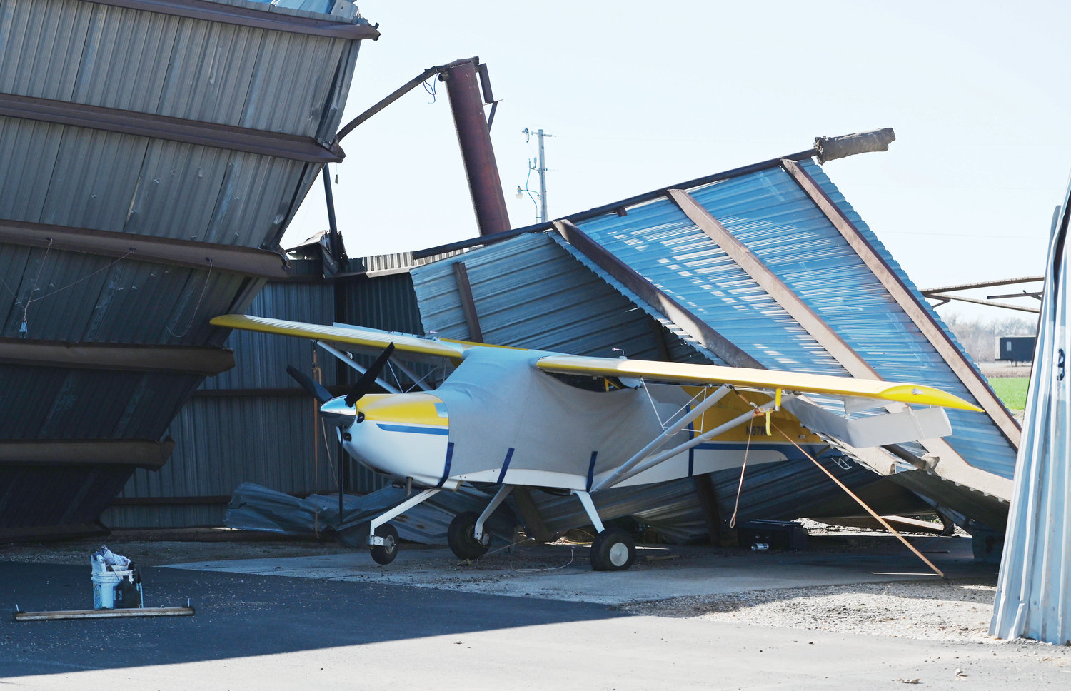 One of the 15 airplanes at the David J. Perry Airport in Goldsby that sustained damage from Sunday’s EF2 tornado.