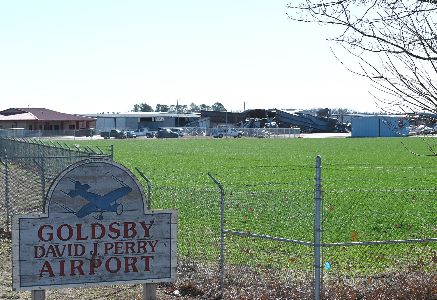 A confirmed EF-2 tornado leveled a hangar and damaged at least 15 airplanes at the David J. Perry Airport in Goldsby Sunday night. It’s being called “the Norman tornado” but it started in Goldsby where it struck first.