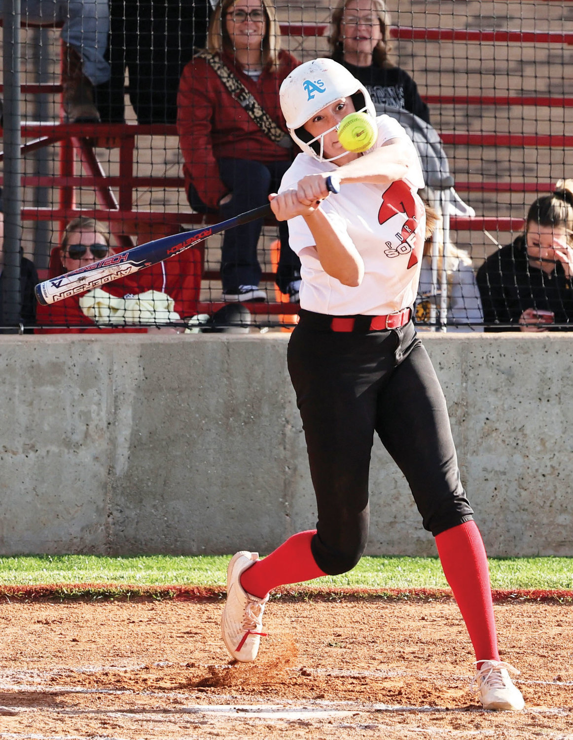 Purcell sophomore Ella Resendiz tees off on a ball for a double during the Dragons’ 5-3 win over Blanchard Monday. Resendiz was 3-3 in the game.