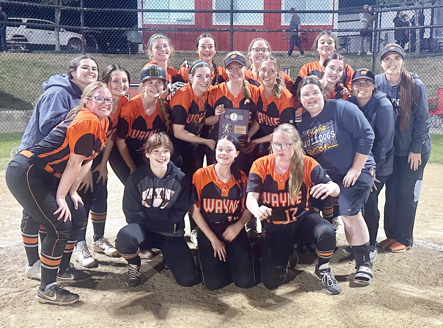 The Wayne slow-pitch softball team won the District championship after they defeated Stratford 9-8 in the if-necessary game of the District tournament last Thursday. They are in Dale for the Regional tournament starting Thursday, weather permitting.