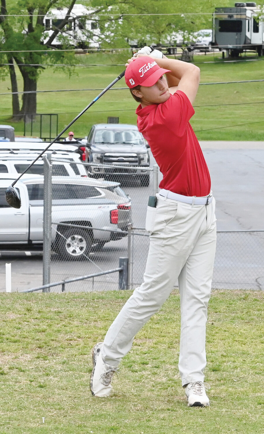 Purcell senior Brody Galyean tees off during the Regional golf tournament at Brent Bruehl Memorial Golf Course on Monday. Galyean shot 97-93 for a two-round total of 190.