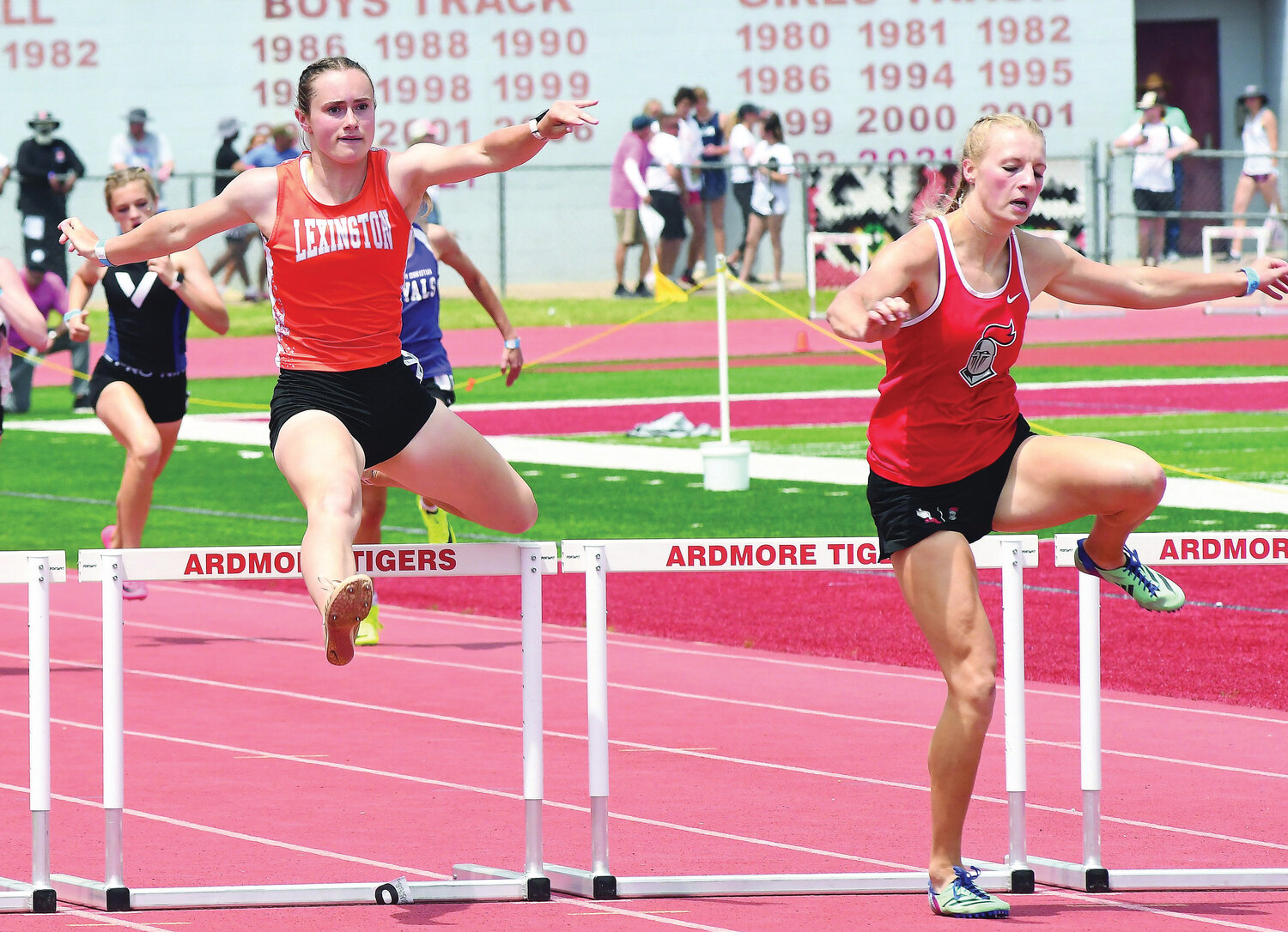 Lexington senior Janelle Winterton won State in the 300 meter hurdles for the third year in a row in Ardmore at the State meet. She ran the race in 44.82.