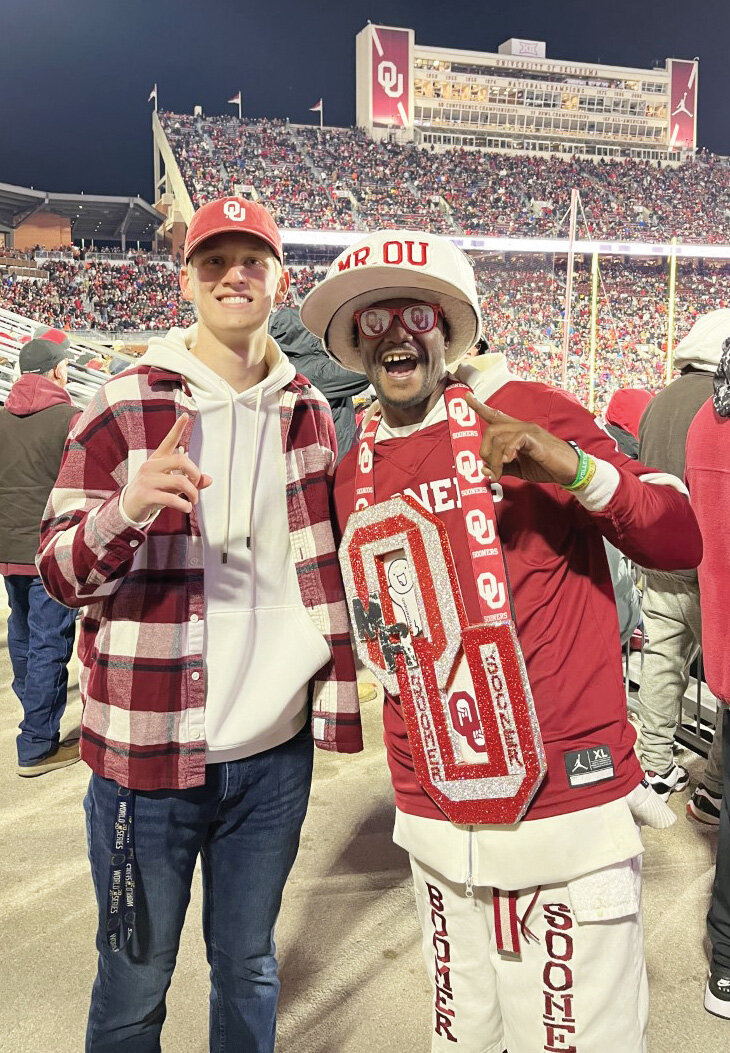 Purcell Register intern, Zack Wright, poses with Norman personality, Mr. OU, at this past season’s Bedlam football game.