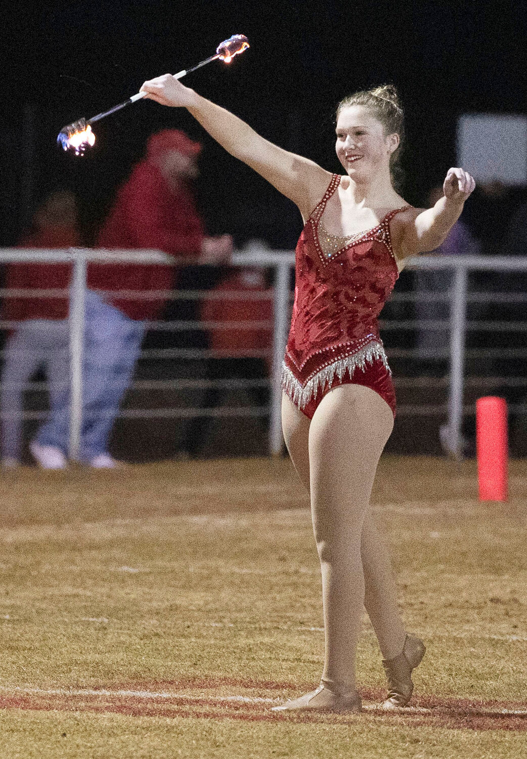 Washington twirler Presley Strickland put on a fiery performance Friday night while the Warriors defeated Meeker, 56-7.