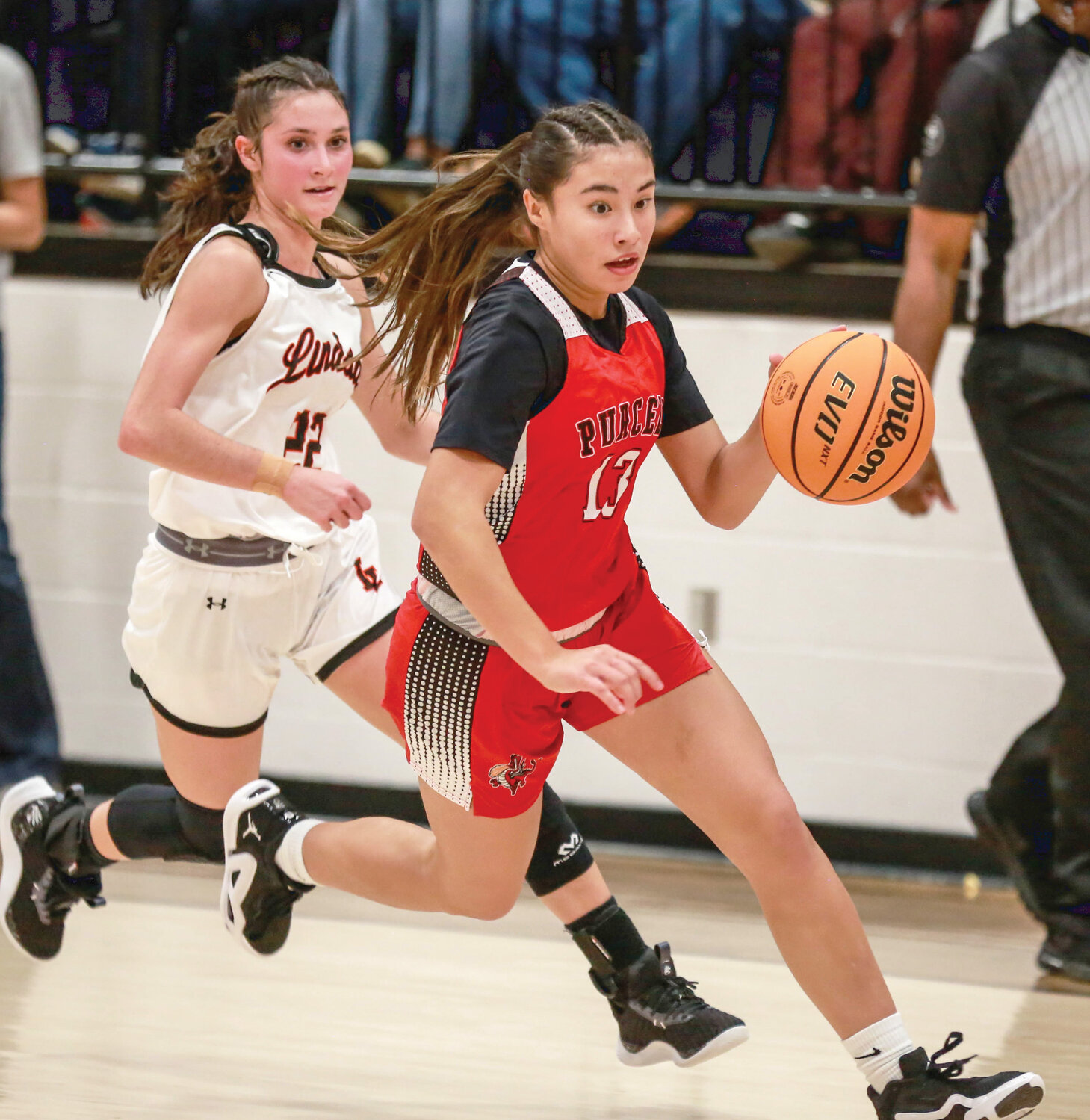Purcell sophomore Kaylin Vazquez dribbles ahead of the Lindsay defense during the Dragons’ 66-47 win over the Leopards last Friday. Vazquez scored five points in the game.