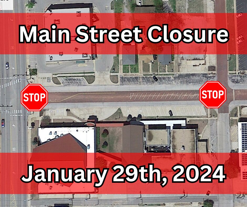 A portion of Main Street will be closed Monday, January 29 from 8:30 a.m. to 3 p.m. for a re-striping project.